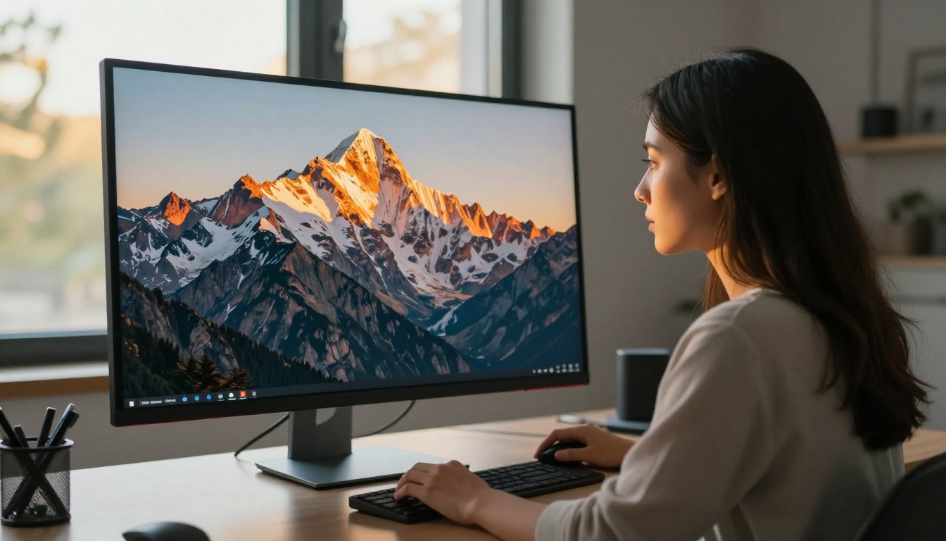 Young woman looking at a large monitor displaying a breathtaking AI-generated mountain landscape
