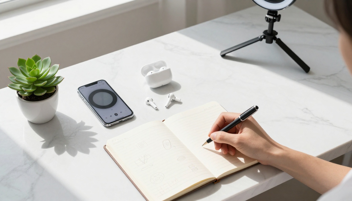 Creator workspace flat lay with phone, ring light, and tripod