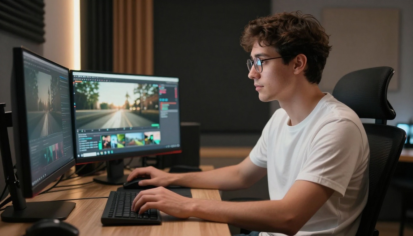 Male creator reviewing clean AI video footage at dual-monitor workstation