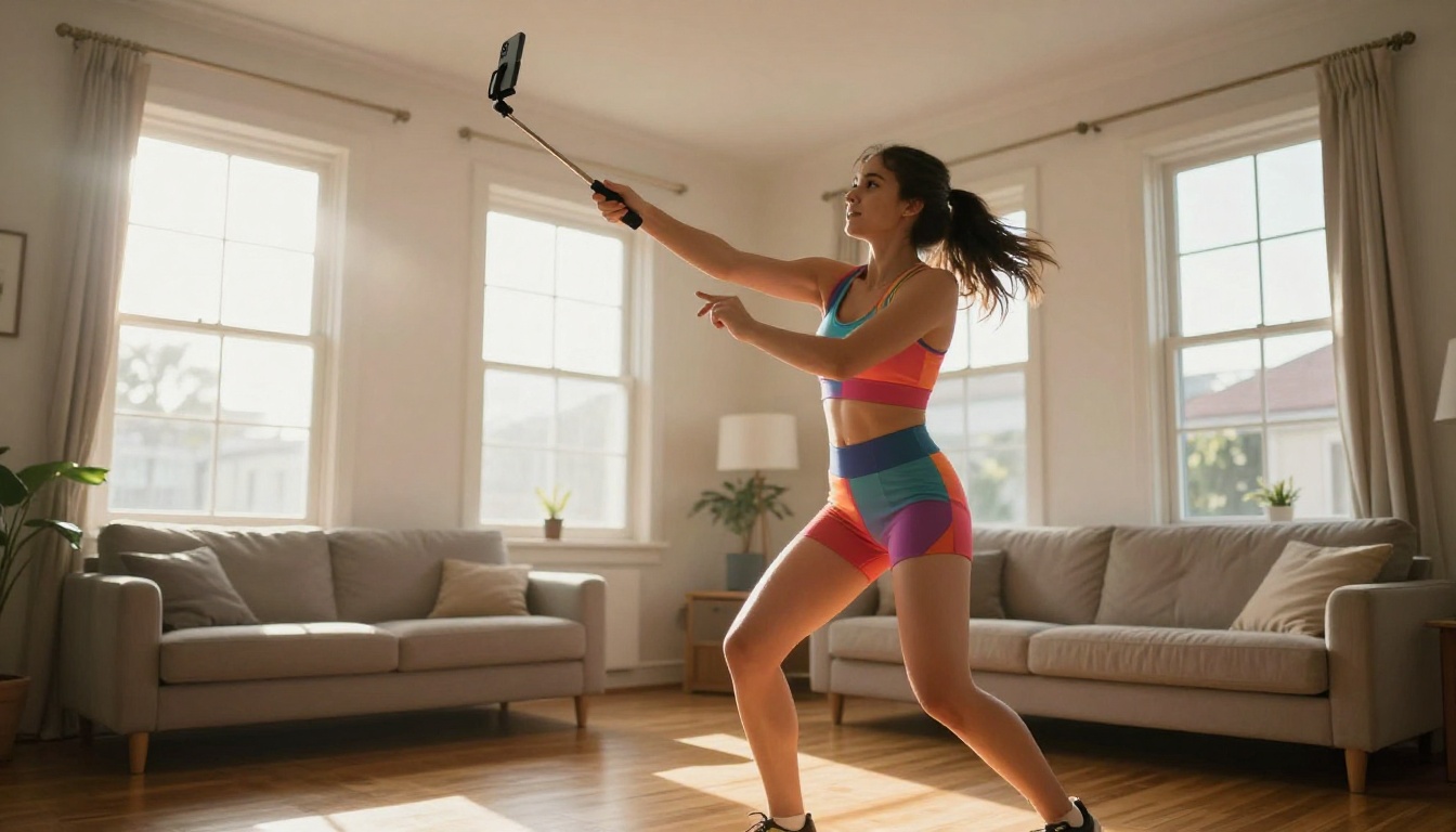 Woman dancing energetically filming a TikTok vertical video