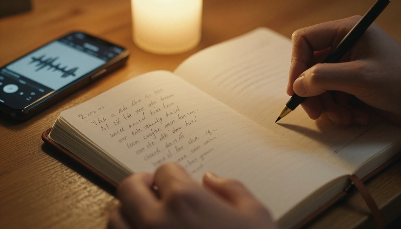 Lyrics being written in a notebook by candlelight