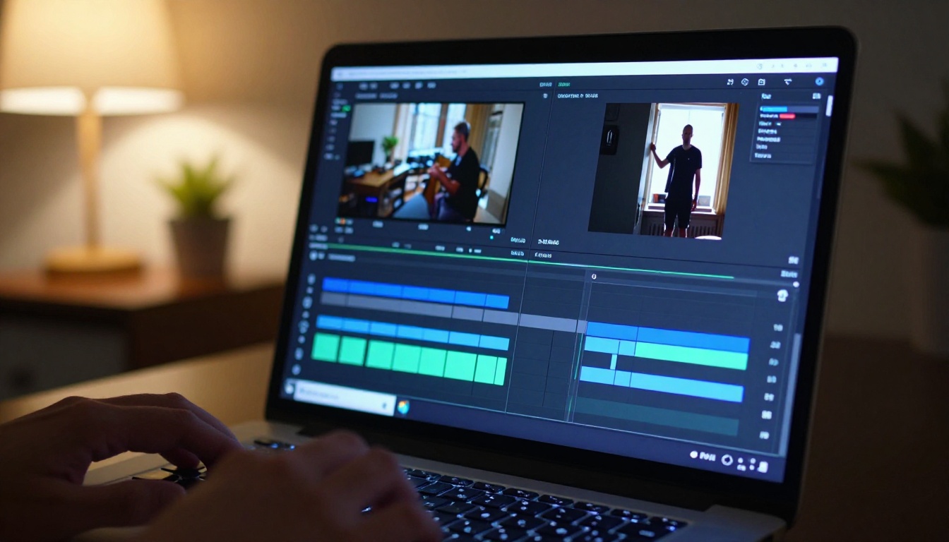 Laptop showing video editing timeline with vertical 9:16 preview window Laptop showing video editing timeline with vertical 9:16 preview window