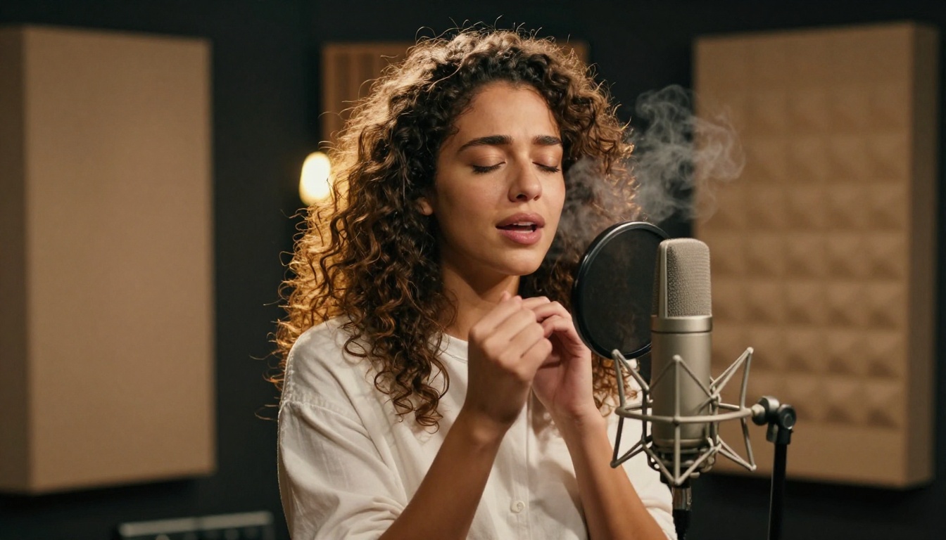 Woman singing with emotion into a studio microphone in a vocal booth