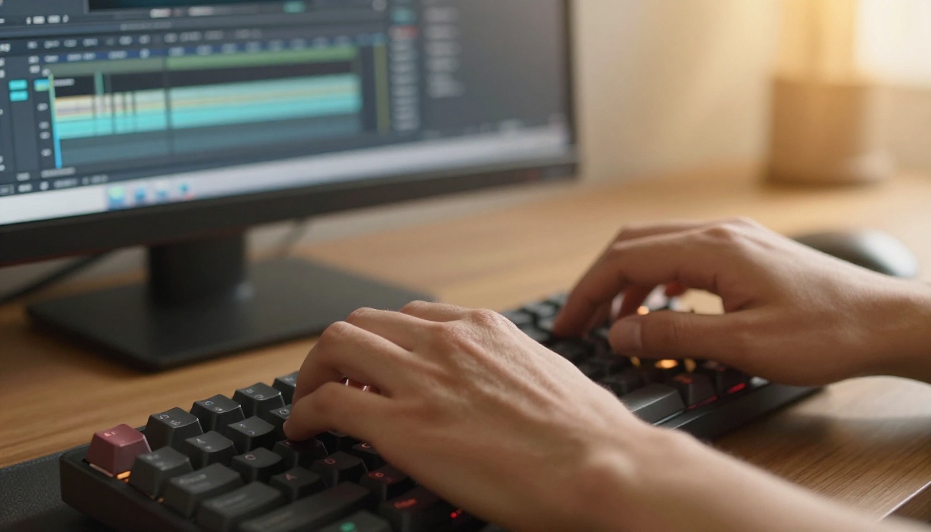 Hands typing on keyboard with video editing software visible on monitor