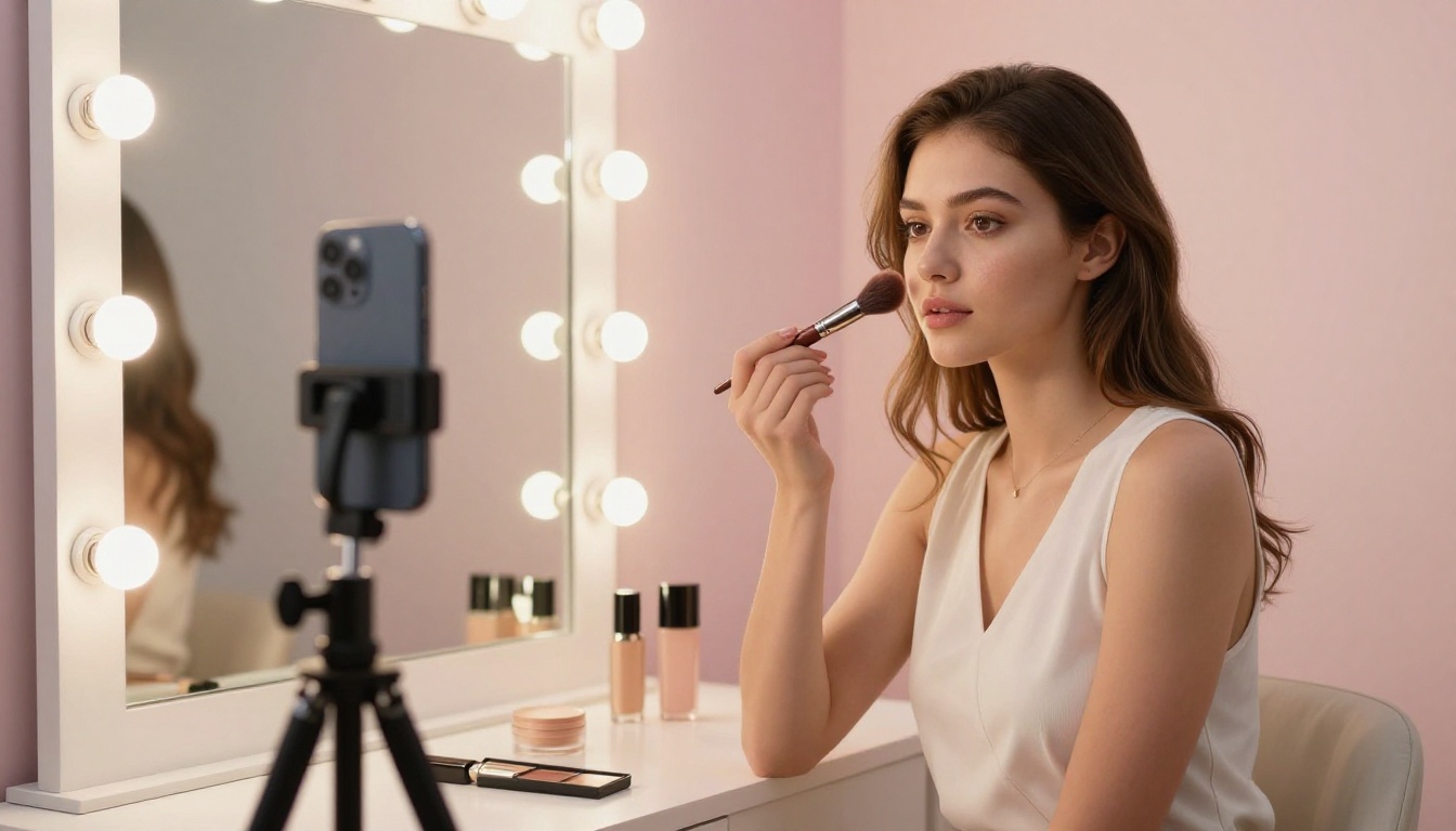 Beauty creator filming a vertical tutorial with phone on tripod at vanity Beauty creator filming a vertical tutorial with phone on tripod at vanity