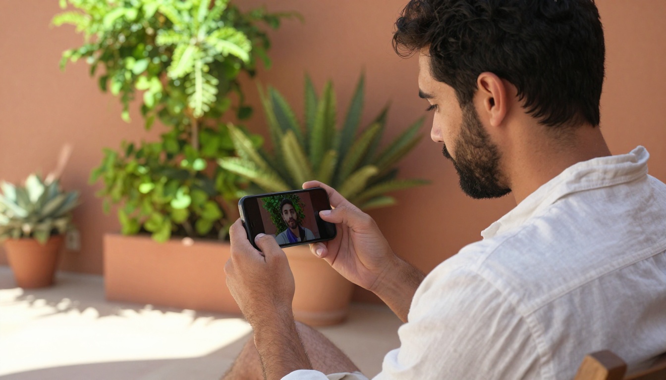 Man on Mediterranean terrace reviewing AI-generated portrait on smartphone screen