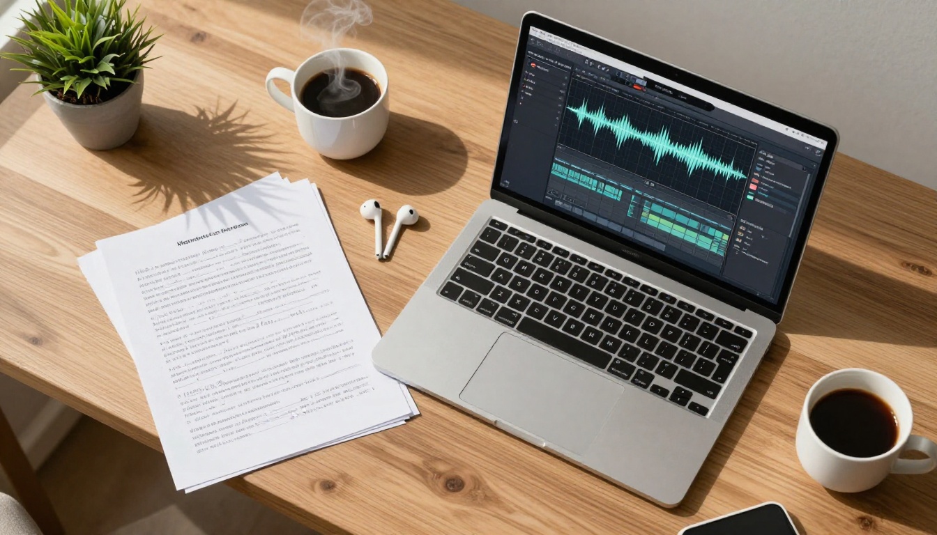 Laptop with music production software on a wooden desk with lyric sheets and coffee