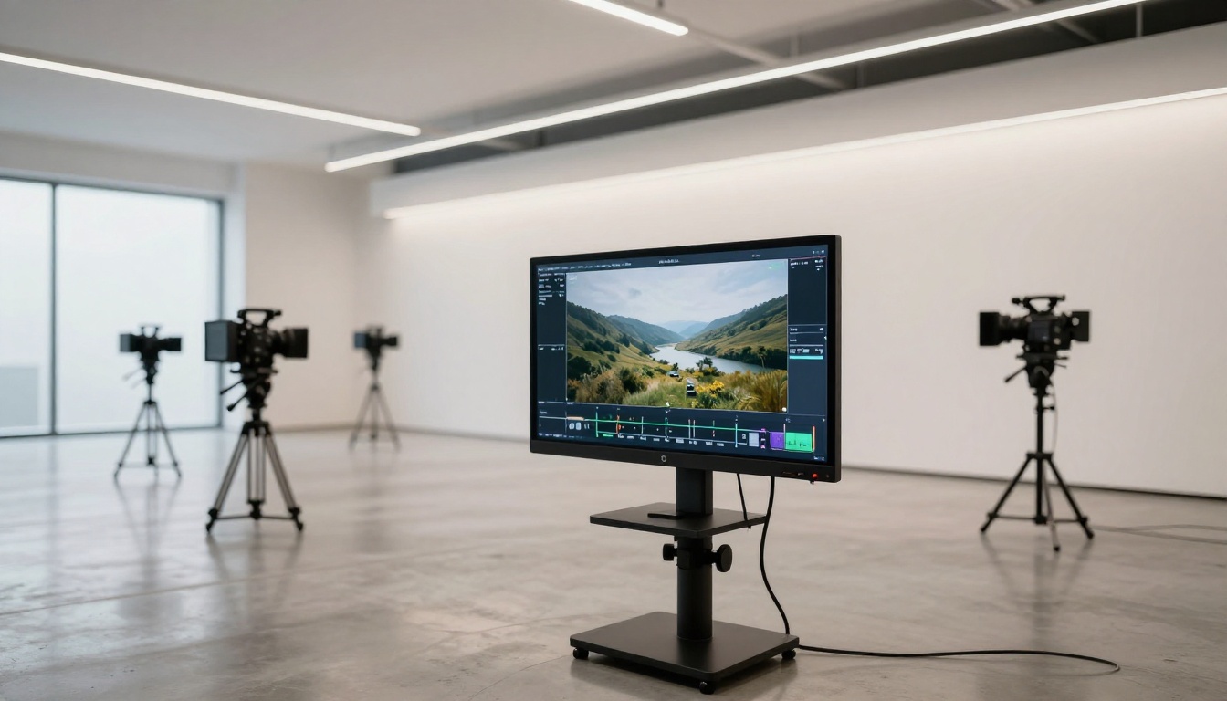 Modern content creation studio with professional monitor displaying clean video footage