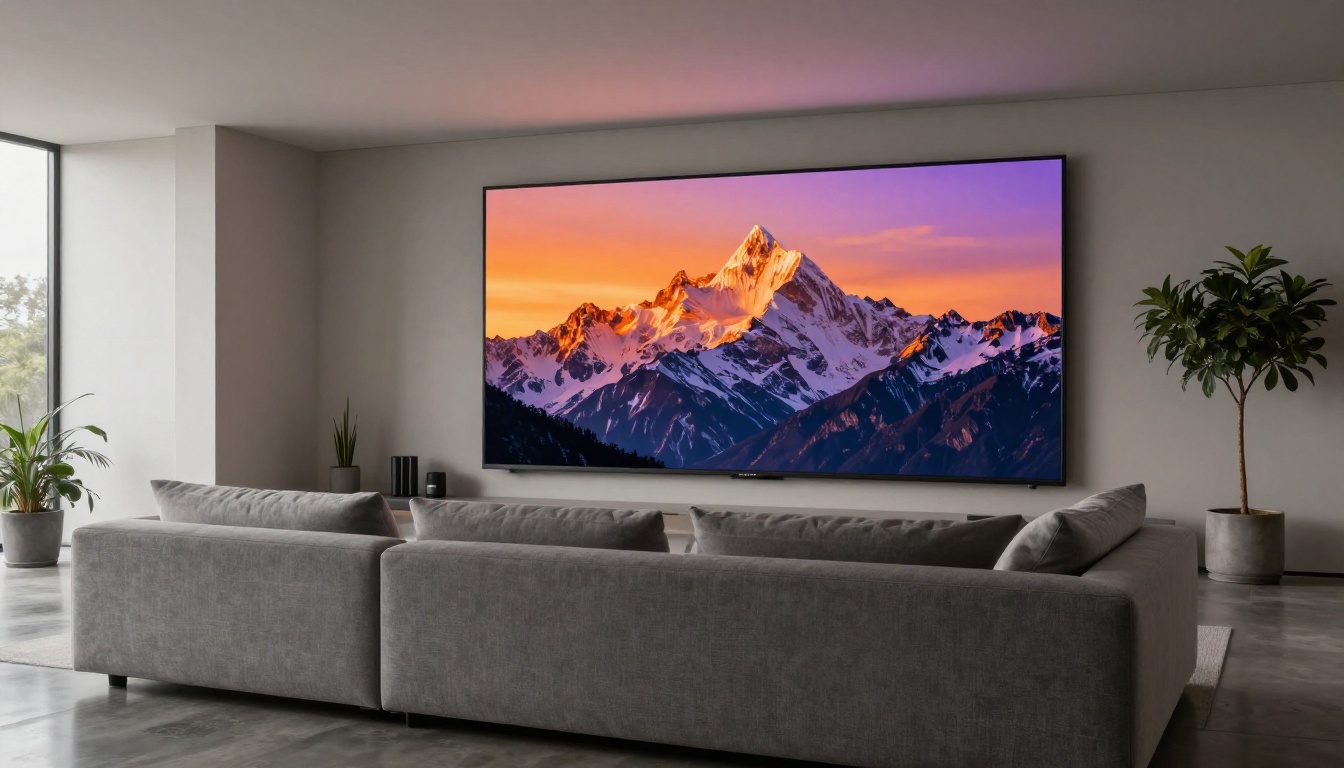 Modern living room with a large 4K TV displaying a stunning mountain sunset landscape