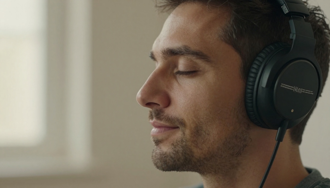 Man listening to music with studio headphones, eyes closed
