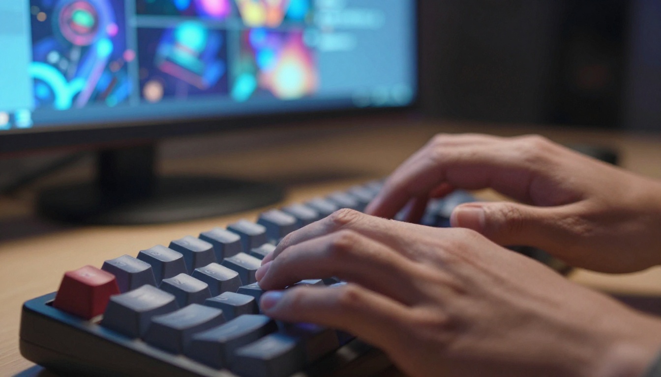 Close-up of hands typing on a mechanical keyboard with a blurred monitor showing AI-generated images in the background