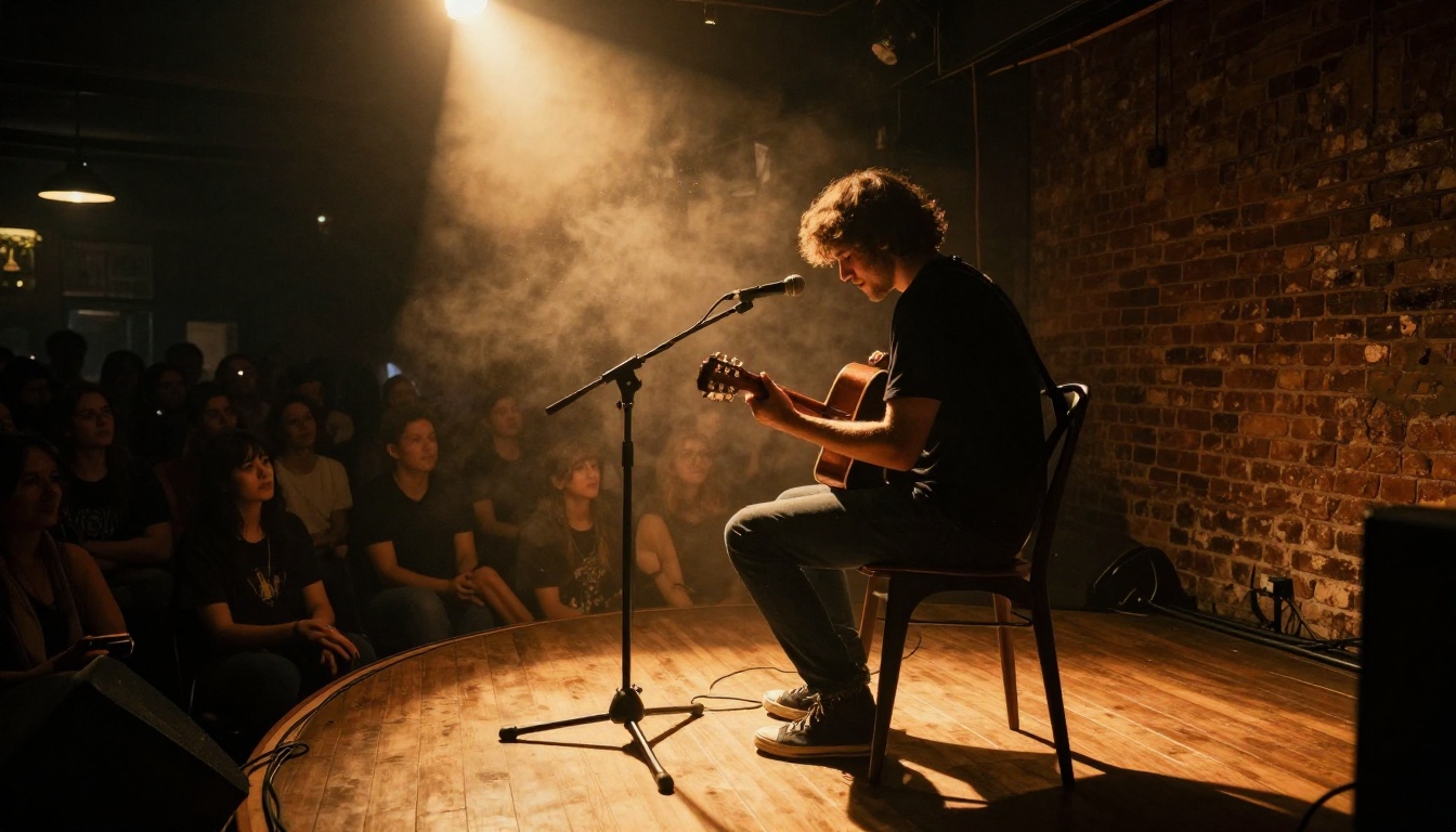 Low angle view of a guitarist performing on a small bar stage with amber spotlight