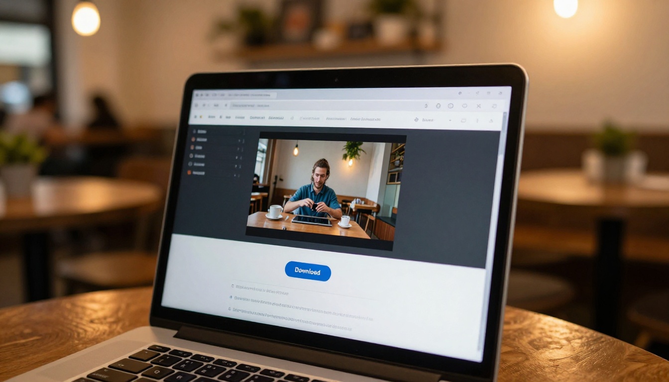 Laptop in coffee shop showing AI video generation interface with download button Laptop in coffee shop showing AI video generation interface with download button