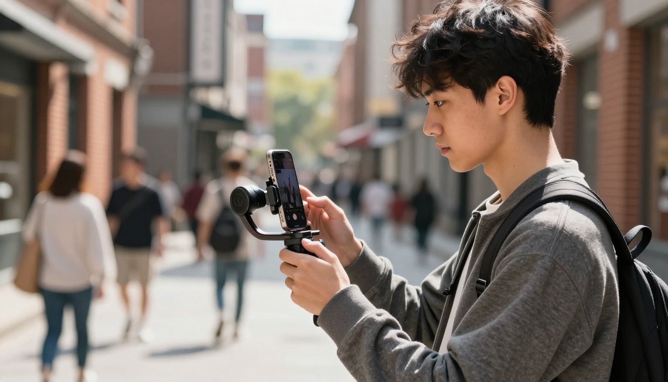 Man using gimbal stabilizer for vertical video outdoors on urban street