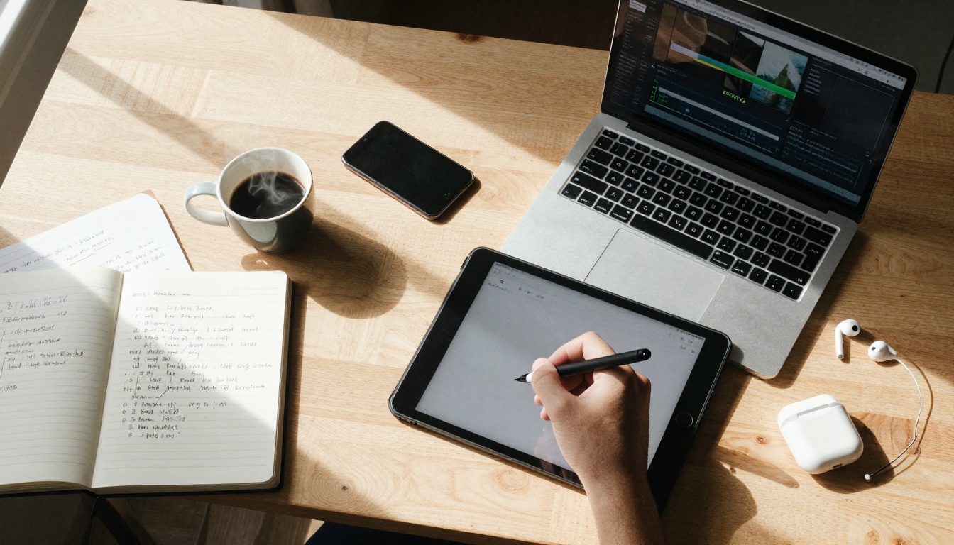 Overhead flatlay of creative workspace with laptop showing video export complete Overhead flatlay of creative workspace with laptop showing video export complete