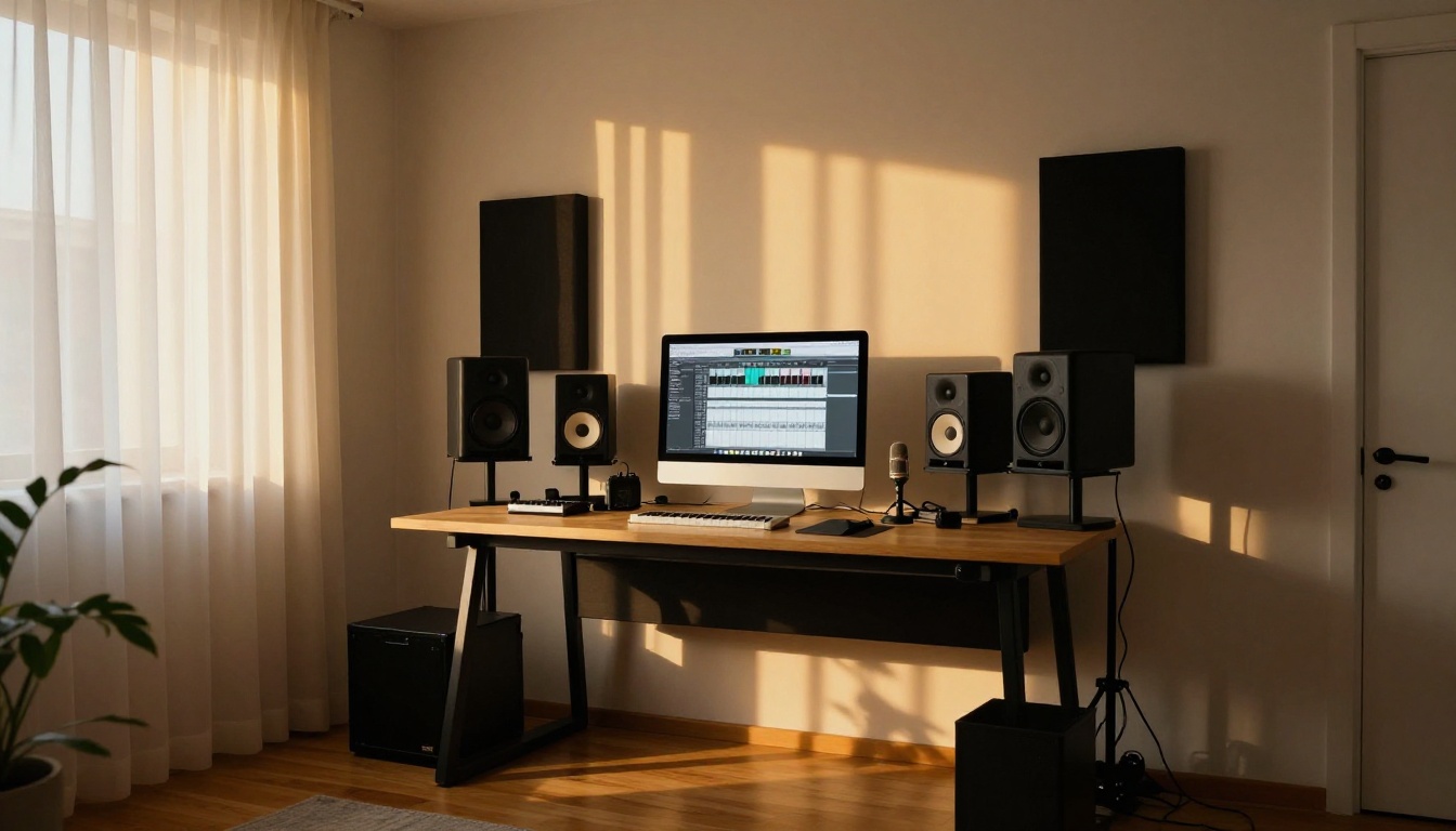 Home studio setup with MIDI keyboard and studio monitors in golden hour light