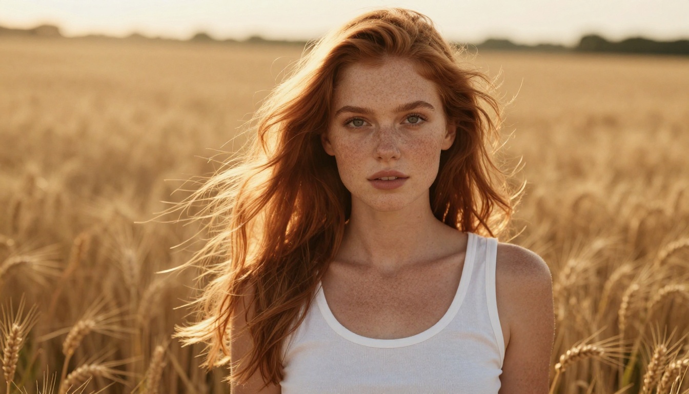 Portrait of a beautiful woman with auburn hair and freckles in a golden wheat field at sunset