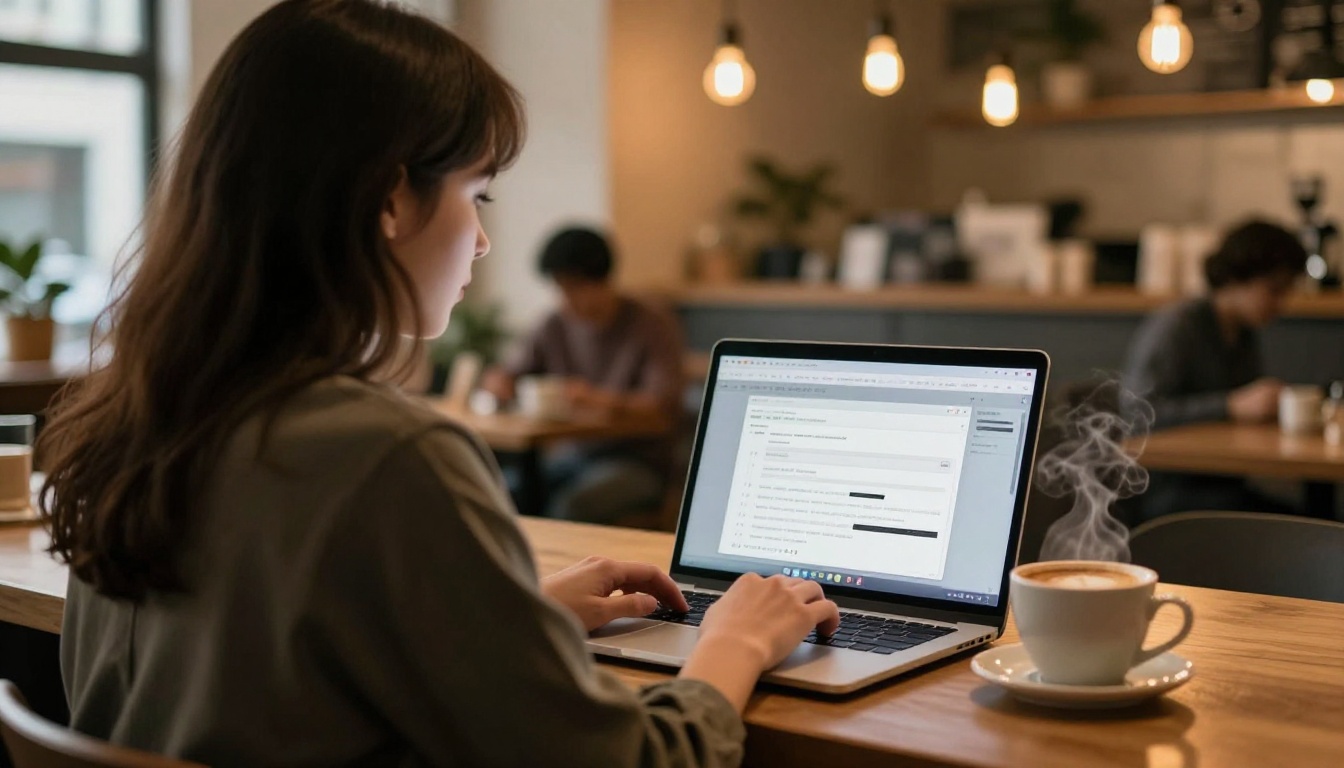 Young woman working on a laptop in a cafe, music generation interface on screen