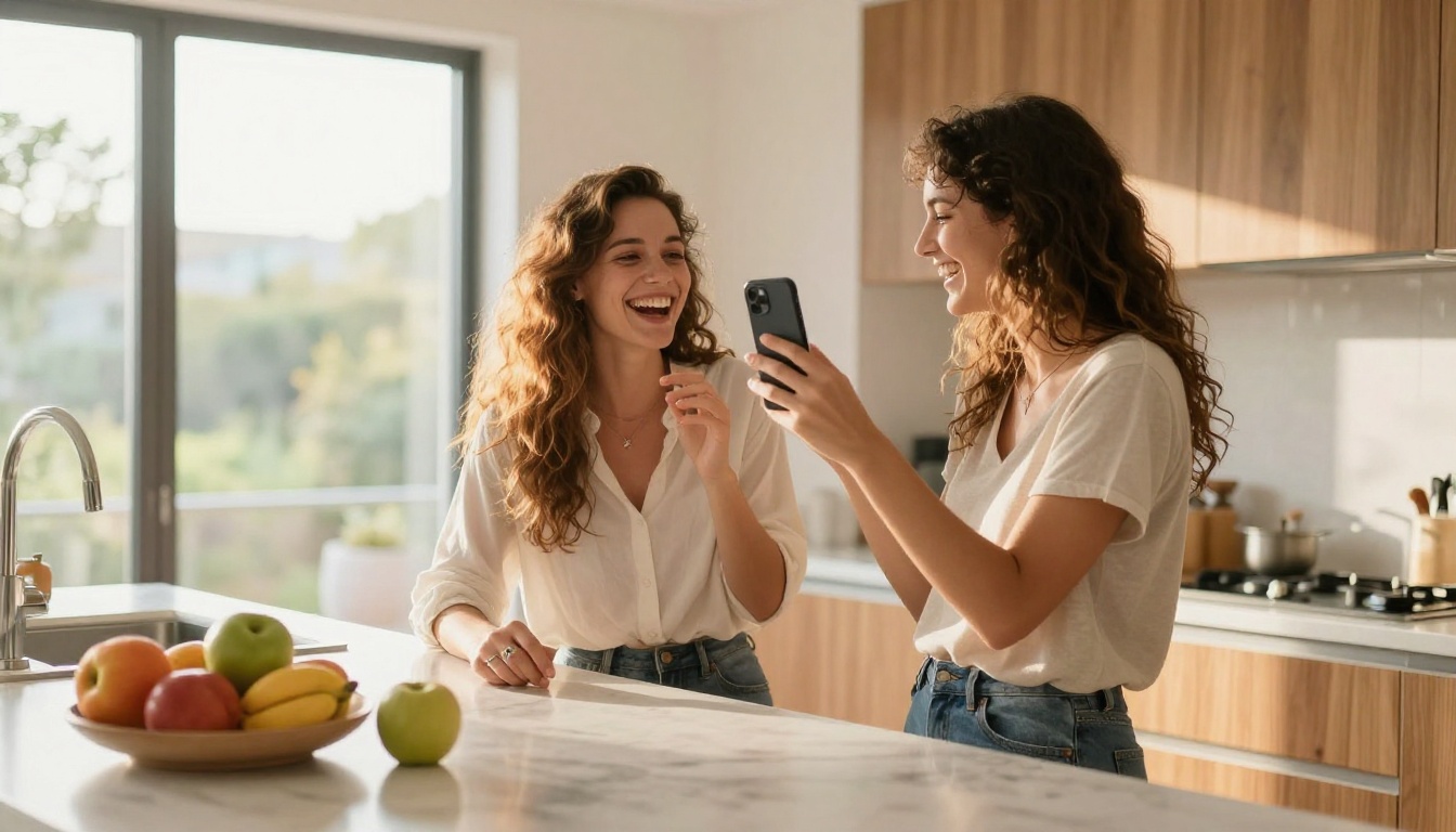 Two friends laughing together while filming a vertical TikTok in a bright kitchen Two friends laughing together while filming a vertical TikTok in a bright kitchen