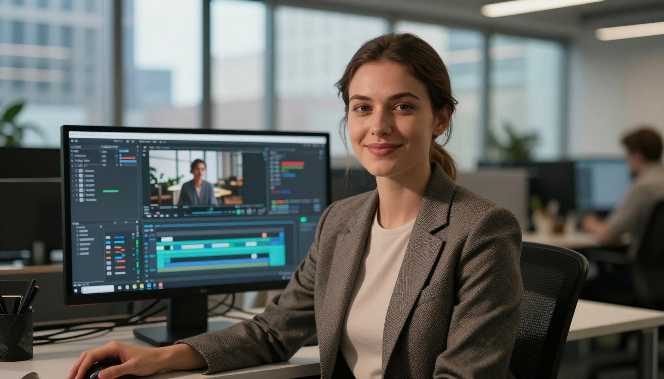 Professional woman smiling confidently at camera in creative office environment Professional woman smiling confidently at camera in creative office environment