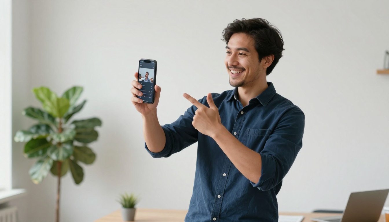 Man holding phone with satisfied expression after successfully downloading clean AI video Man holding phone with satisfied expression after successfully downloading clean AI video