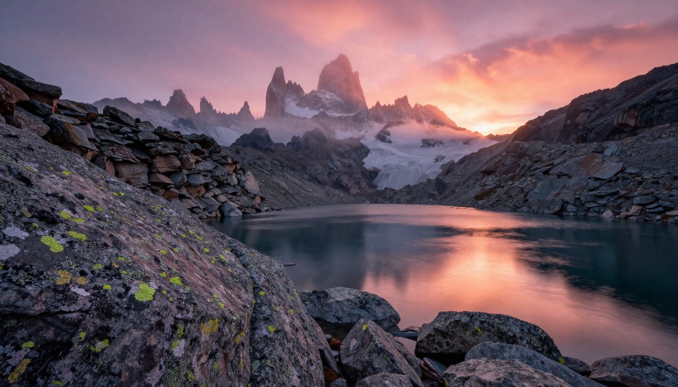 Dramatic low-angle view of a mountain peak at sunrise with an alpine lake reflecting pink and orange sky