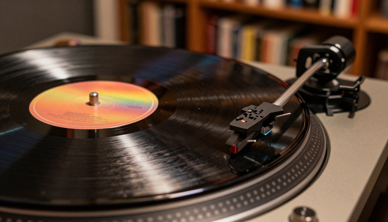 Vinyl record spinning on a turntable with rainbow light diffraction on the grooves