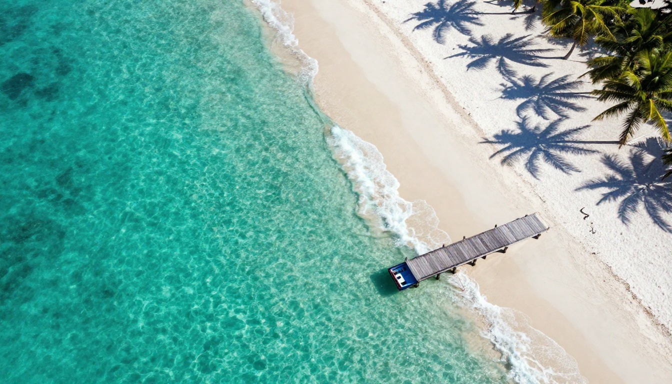 Overhead aerial view of a white sandy tropical beach with crystal-clear turquoise water and a wooden pier