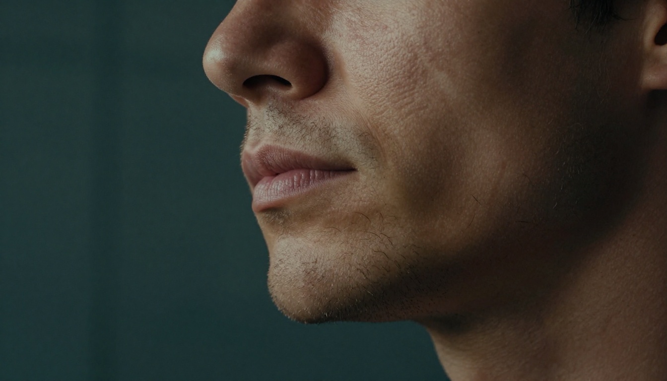 Cinematic low-angle close-up of a man's jaw and stubble in dramatic side lighting
