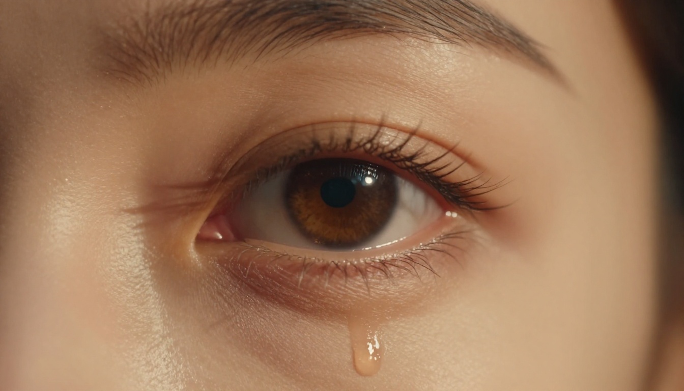 Eye close-up with a tear reflecting candlelight, extreme shallow depth of field