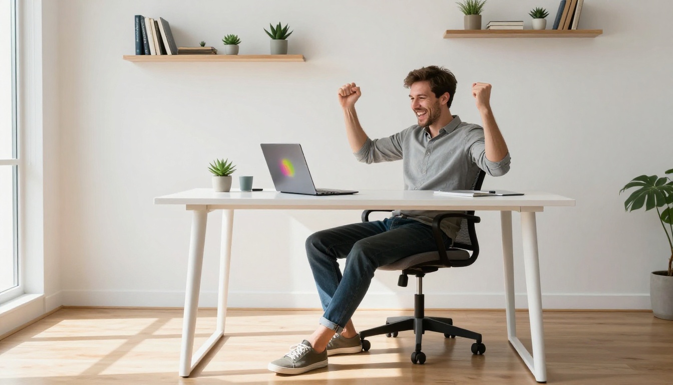 A man celebrating with raised hands at a home office desk with a laptop open