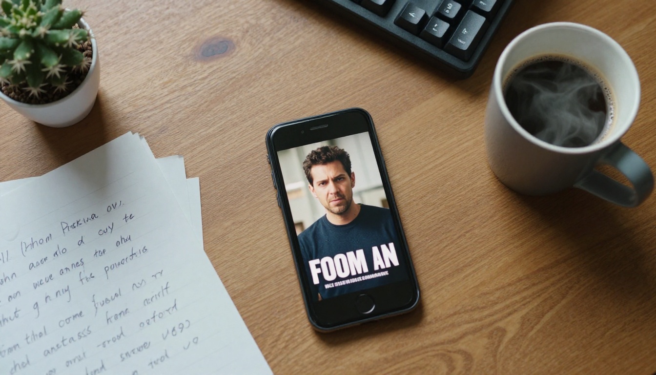 Overhead view of a desk with a smartphone displaying a meme, surrounded by notes and coffee