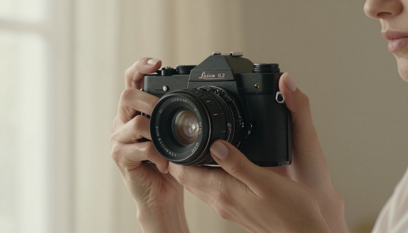 Woman holding a vintage film camera in soft window light, bokeh background, warm tones