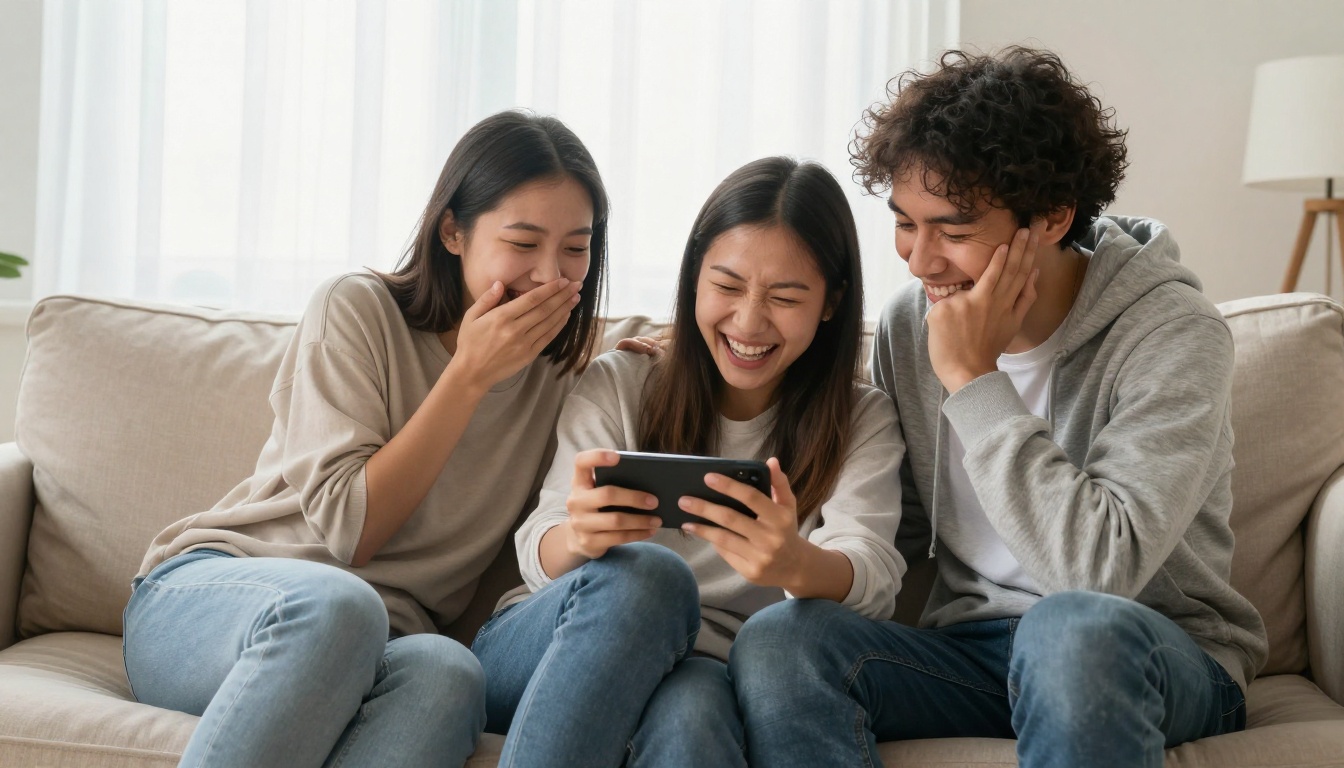 Three friends on a couch laughing together at a phone screen