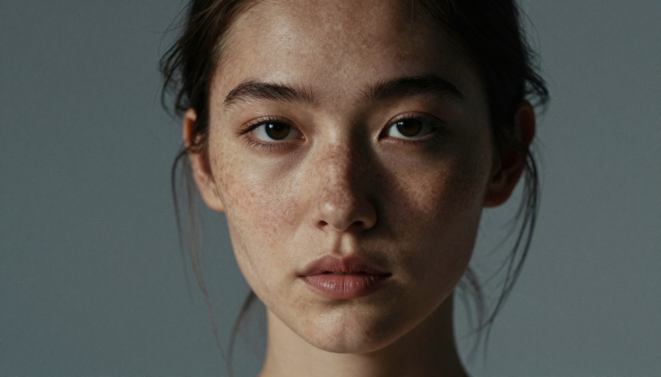 Woman with freckles in Rembrandt lighting, dramatic portrait, cool color grade