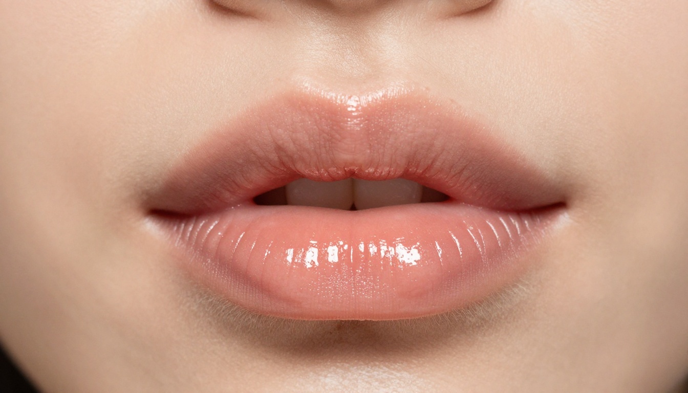 Macro close-up of lips in beauty lighting, minimal background, crisp focus