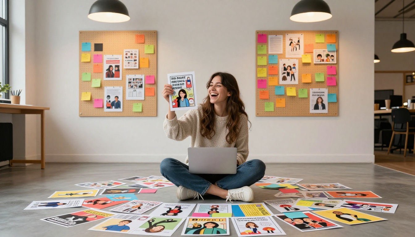 A woman sitting on a studio floor surrounded by printed memes, laughing as she holds one up A woman sitting on a studio floor surrounded by printed memes, laughing as she holds one up