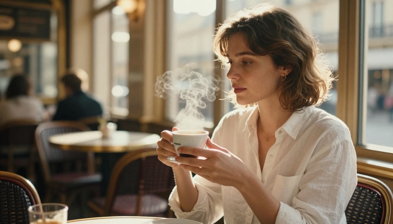 Cinematic woman in Parisian cafe, golden light through tall windows, steam from espresso