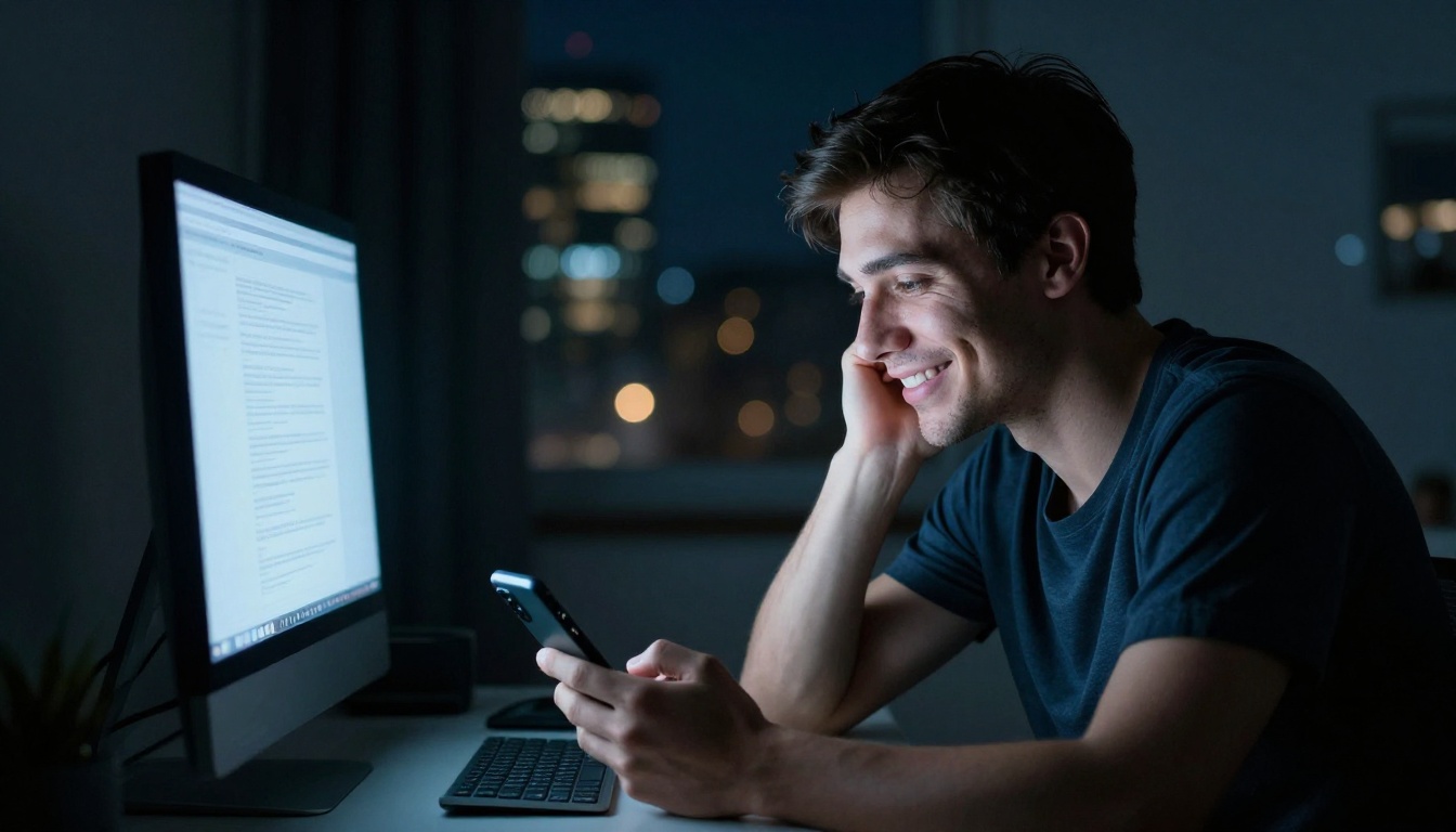 A young man at a minimalist desk at night, face lit by phone screen, smirking while scrolling A young man at a minimalist desk at night, face lit by phone screen, smirking while scrolling
