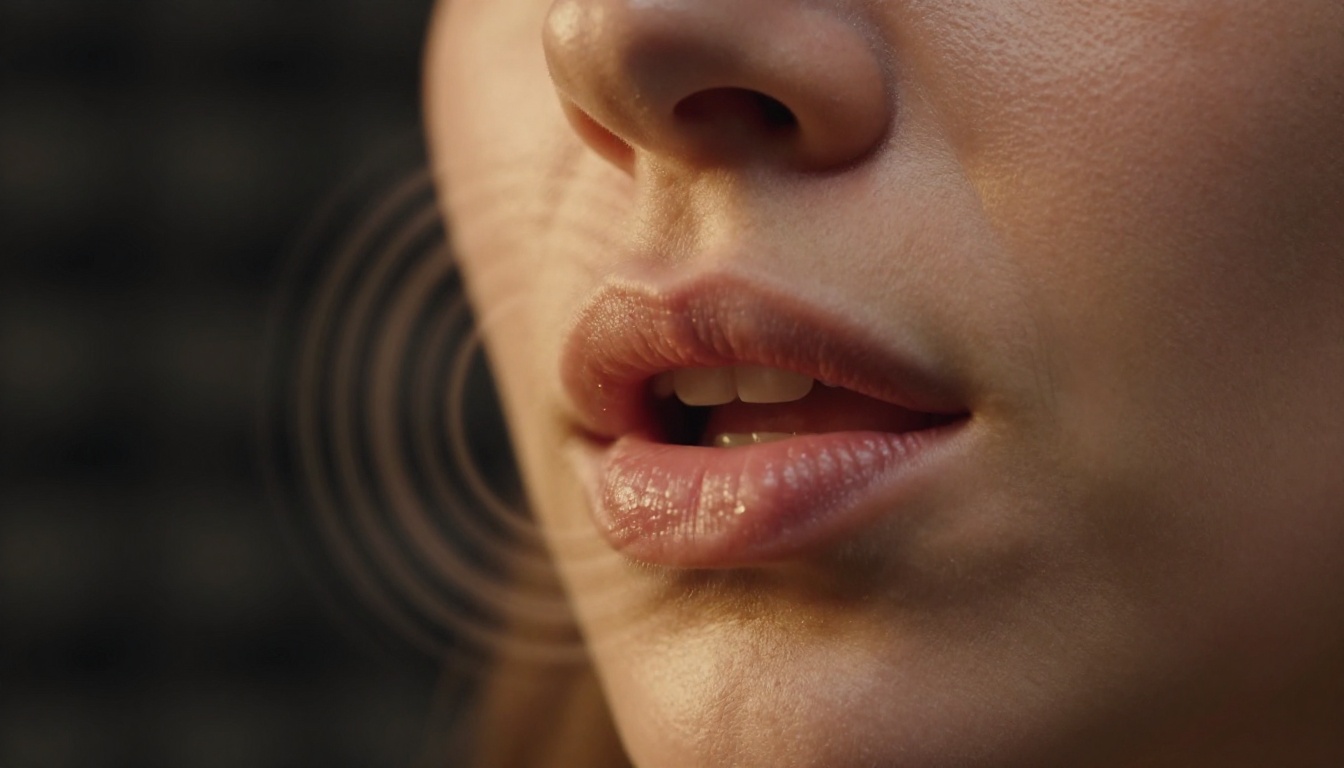 Extreme close-up of lips mid-speech with sound wave rings emanating outward, warm studio lighting
