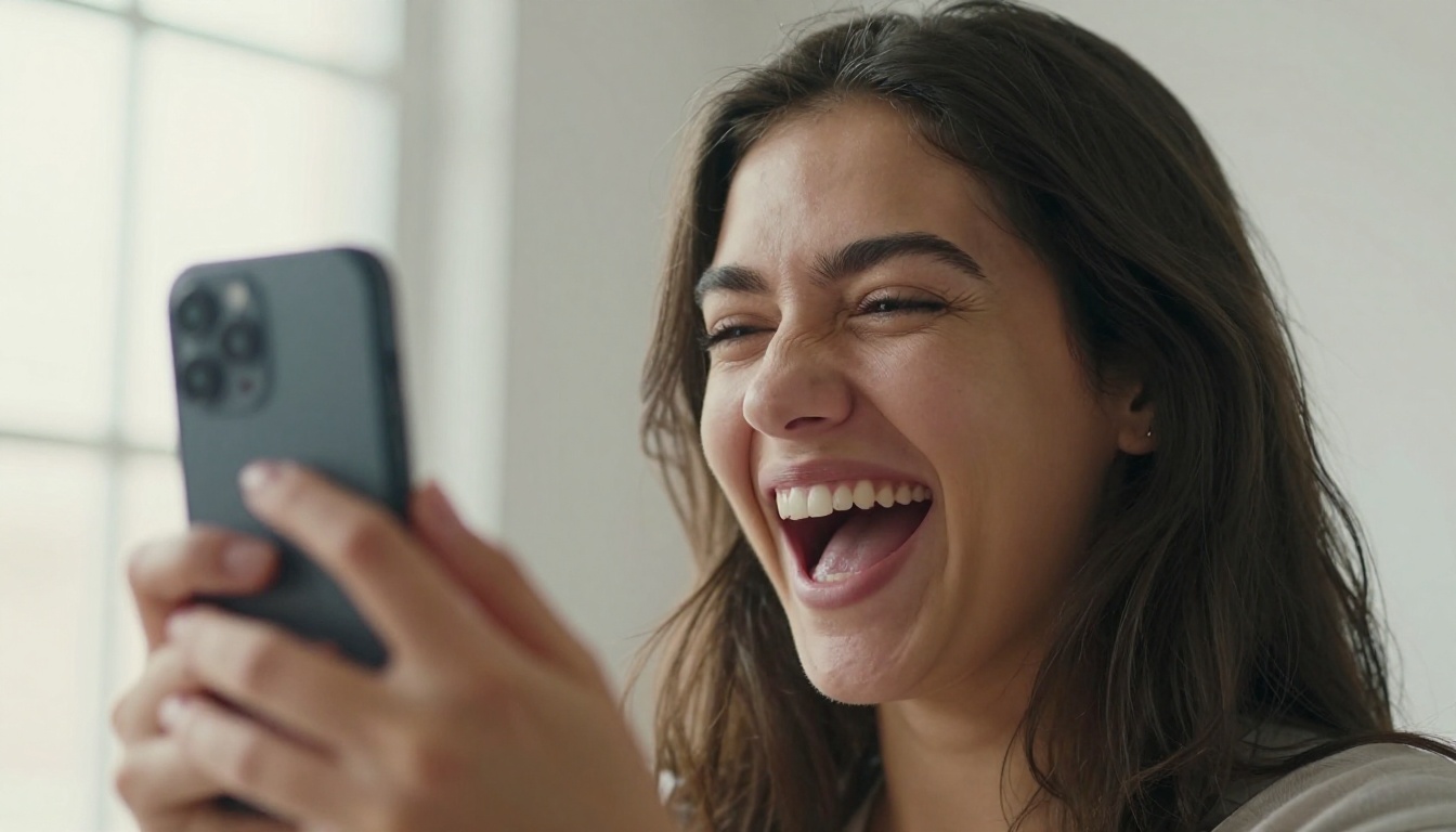 A young woman laughing in profile, holding a phone showing a meme A young woman laughing in profile, holding a phone showing a meme