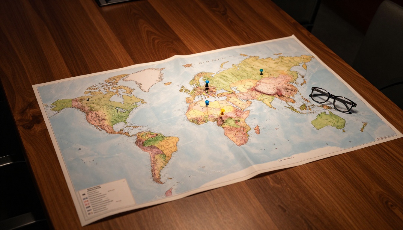 A world map with colored pin markers on major global cities, representing multilingual audio distribution A world map with colored pin markers on major global cities, representing multilingual audio distribution
