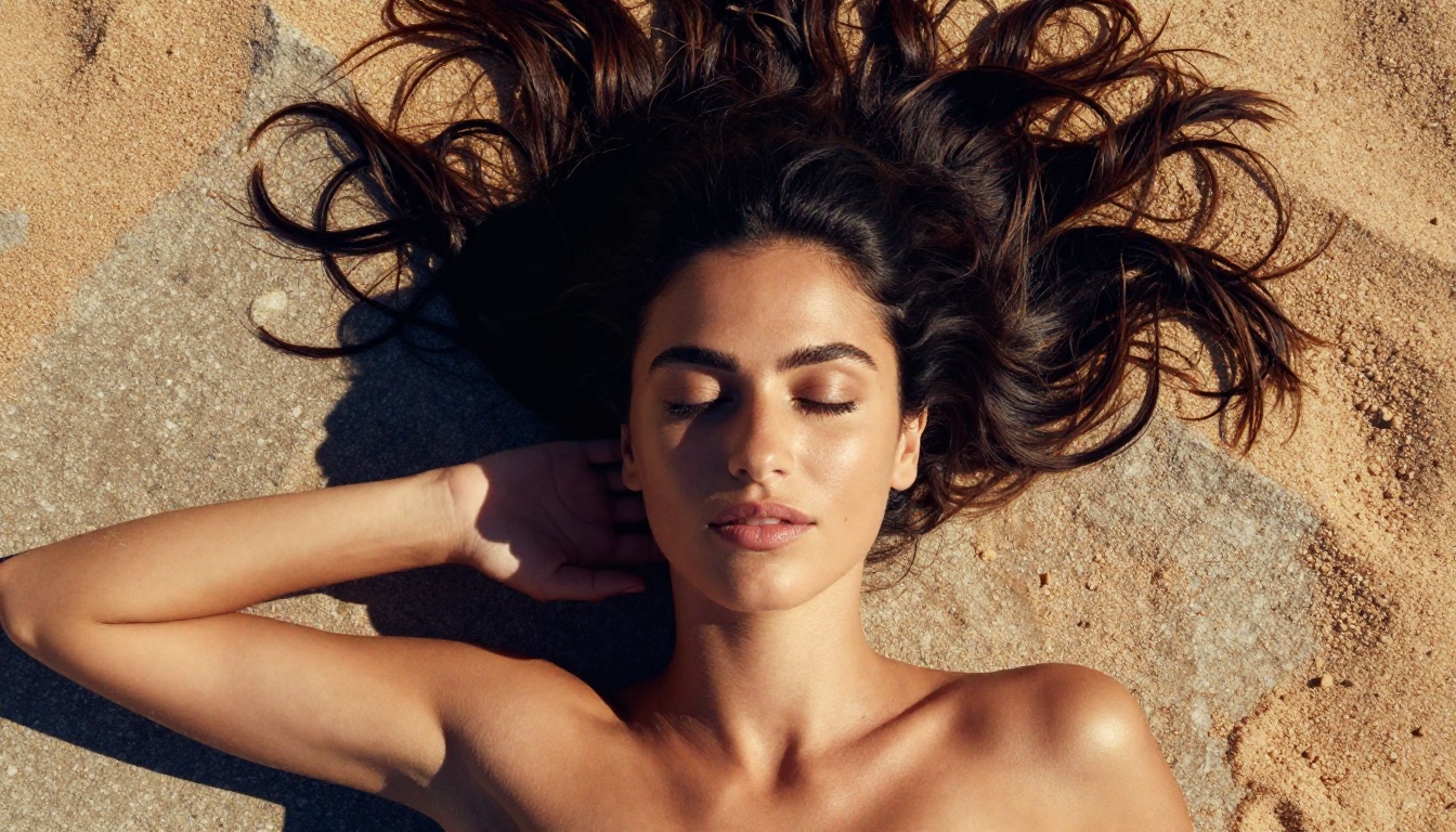 Aerial top-down close-up of a woman on warm concrete in Mediterranean midday sunlight