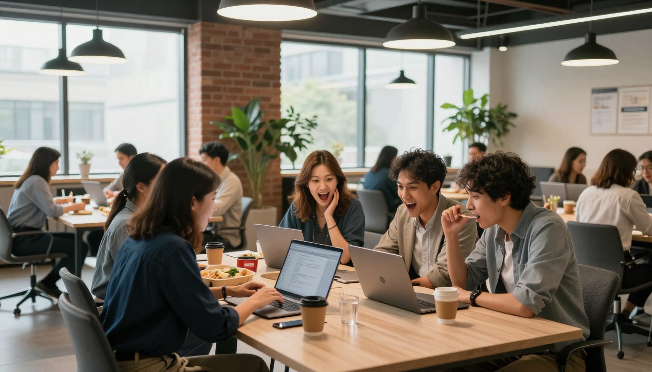 Colleagues in an office break room laughing together at a laptop screen Colleagues in an office break room laughing together at a laptop screen