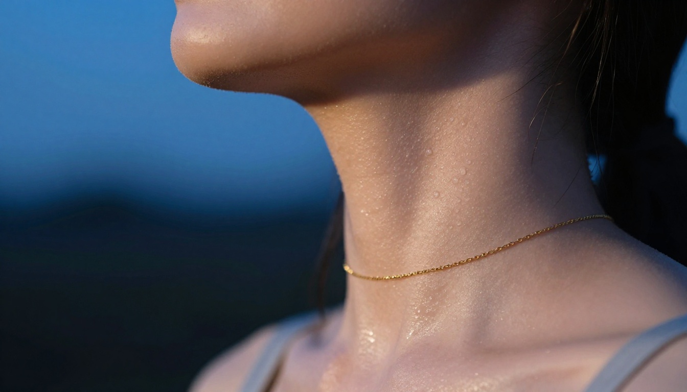 Close-up of a woman's collarbone and neck in rim light, gold chain, indigo blue background