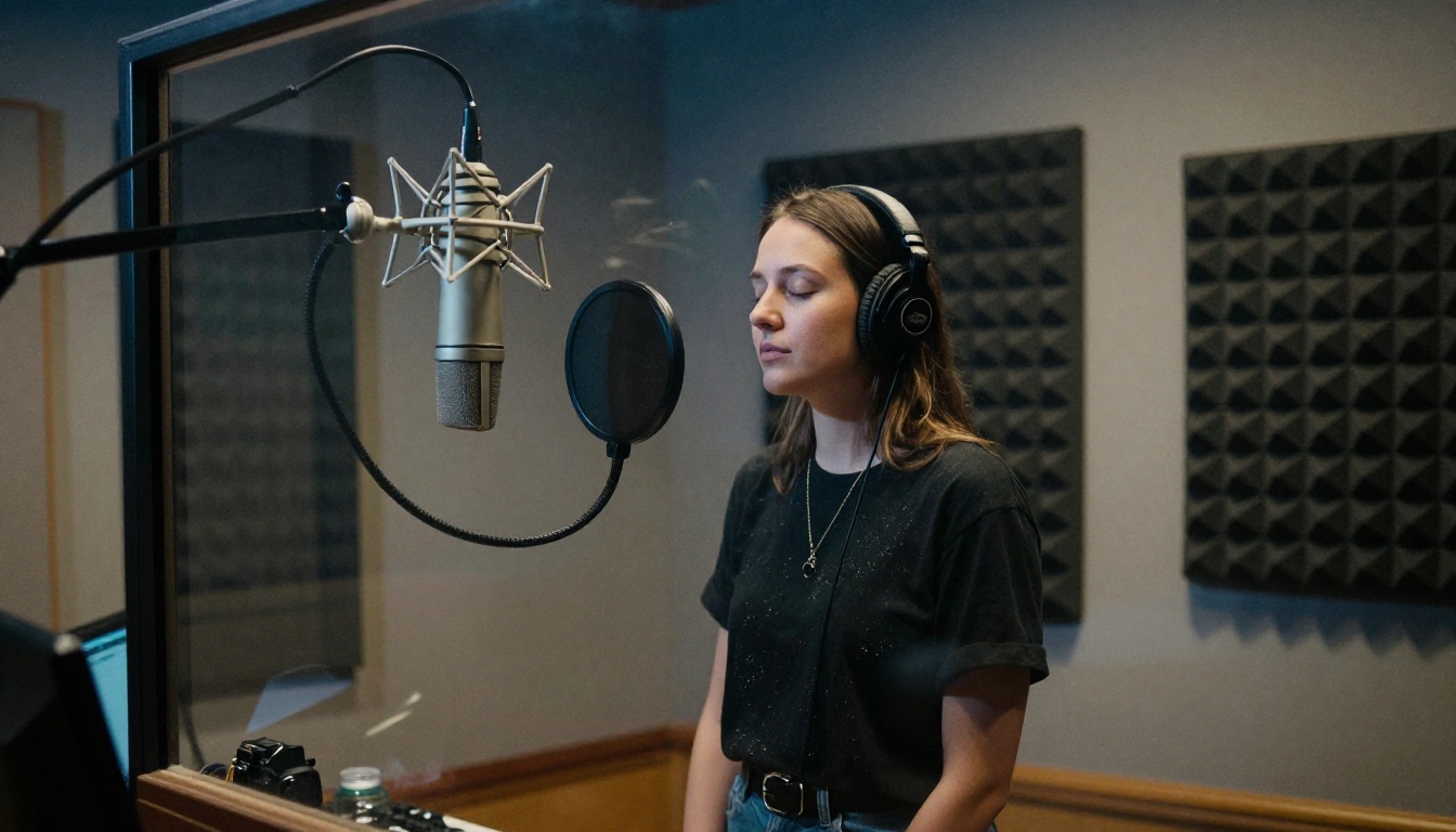 A professional voiceover artist recording in a padded vocal booth, seen through the control room glass A professional voiceover artist recording in a padded vocal booth, seen through the control room glass