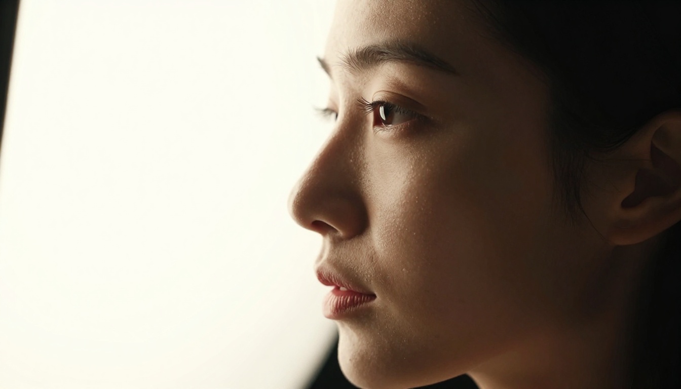 Side-profile cinematic close-up with bright rim light tracing the face against black background