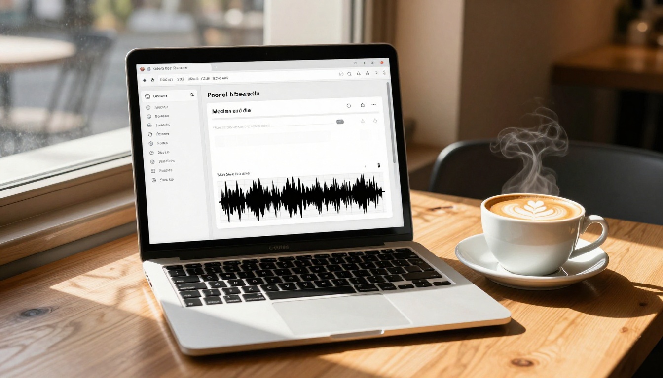 A laptop open in a cafe showing a text-to-audio interface with a coffee cup alongside it A laptop open in a cafe showing a text-to-audio interface with a coffee cup alongside it