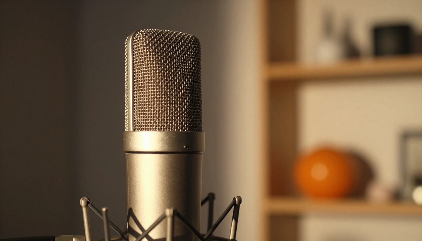 Close-up of a professional studio condenser microphone with warm tungsten side lighting Close-up of a professional studio condenser microphone with warm tungsten side lighting