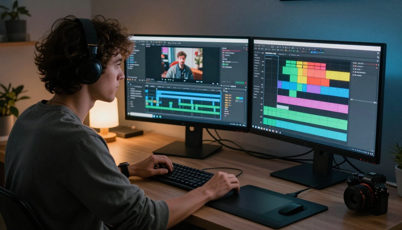 Content creator editing an audio project on a dual-monitor setup with colorful timeline tracks visible